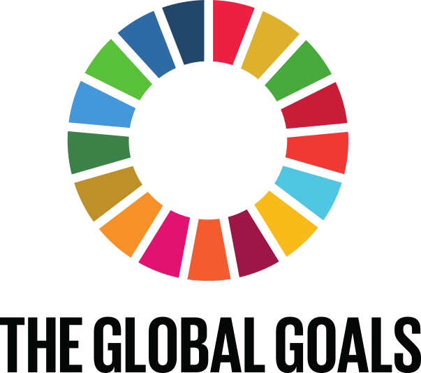 a circular graphic with 17 coloured segments representing the UN Sustainable Development Goals. Below the circle, the text 